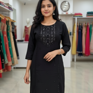Classic Black Kurta Set with Mirror Work Neckline
