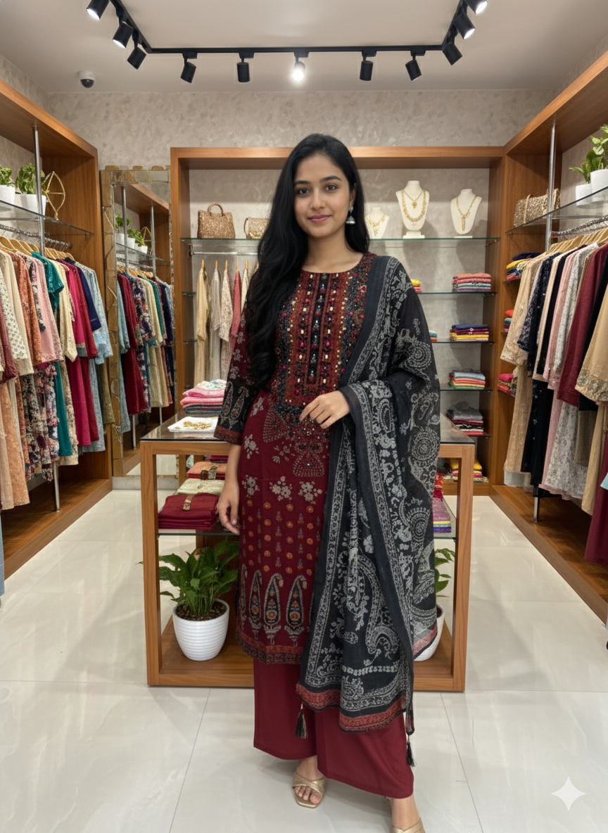 Embroidered & Printed Rayon Palazzo Suit (3-Piece) - Image 3
